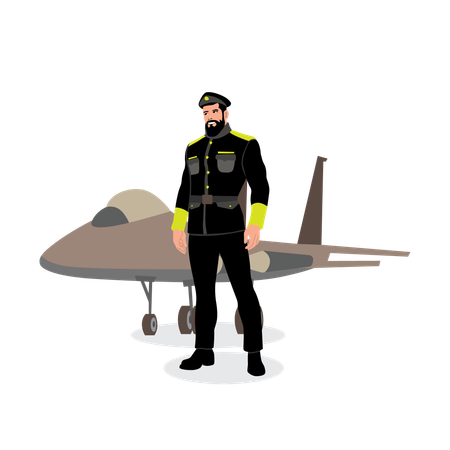 Pilot mit Bart und Militäruniform in der Nähe von Jet  Illustration