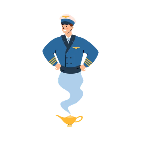 Pilot or airman looking like magic genie  Illustration