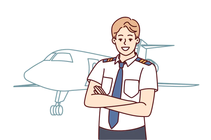 Man Pilot Of Airplane Stands With Arms Crossed Near Airliner Inviting To Buy New Airline Ticket Confident Guy Airliner Captain Or Aircraft Pilot Posing Before Departure From Airport Illustration