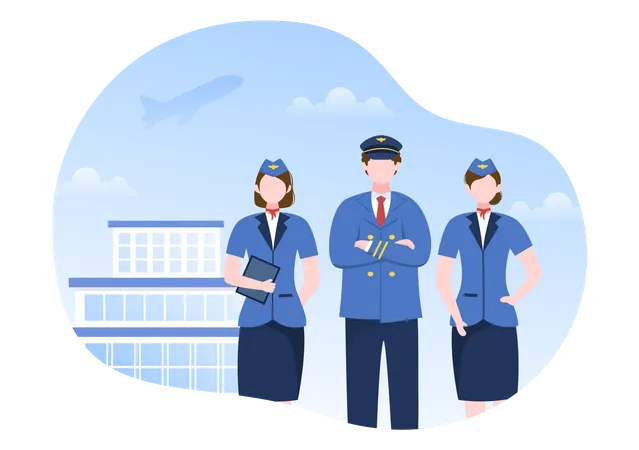 Pilot und Stewardess stehen am Flughafen  Illustration
