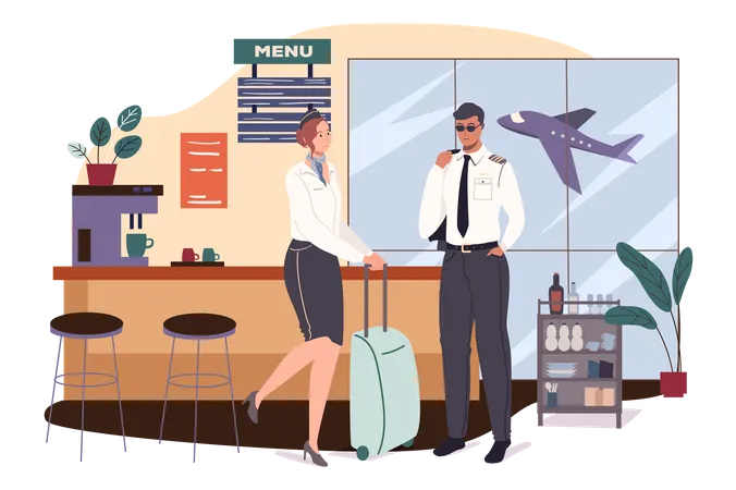Airport Web Concept Aircraft Crew Is Preparing For Flight Stewardess With Suitcase And Pilot Waiting To Board Plane In Cafe People Scenes Template Vector Illustration Of Characters In Flat Design Illustration