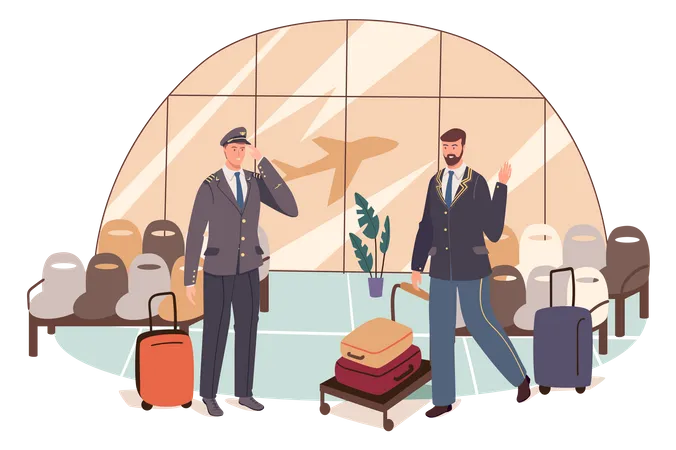 Airport Web Concept Pilot Is Preparing For Flight Captain Of Plane With Luggage And Waiting Hall Worker Standing In Terminal People Scenes Template Vector Illustration Of Characters In Flat Design Illustration
