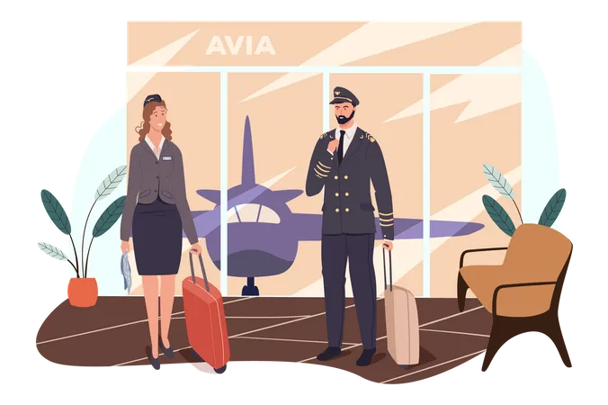 Airport Web Concept Aircraft Crew Is Preparing For Flight Stewardess And Pilot Standing With Their Suitcases In Waiting Room People Scenes Template Vector Illustration Of Characters In Flat Design Illustration