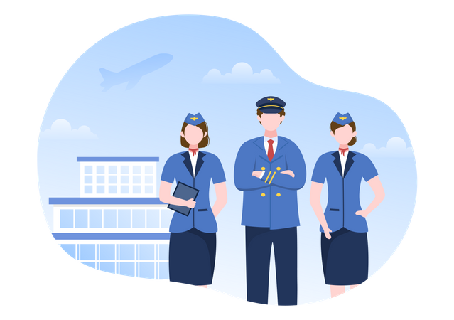 Pilote et hôtesse de l’air debout à l’aéroport  Illustration