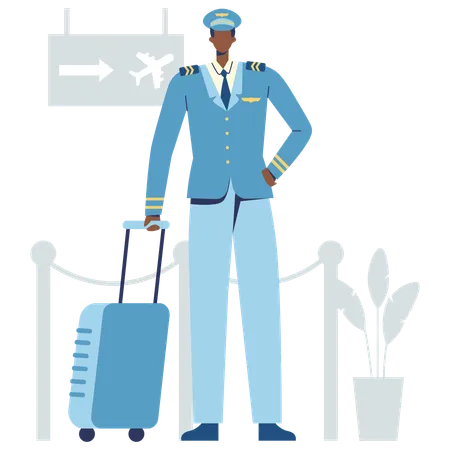 Pilote masculin debout avec son sac de voyage à l'aéroport  Illustration