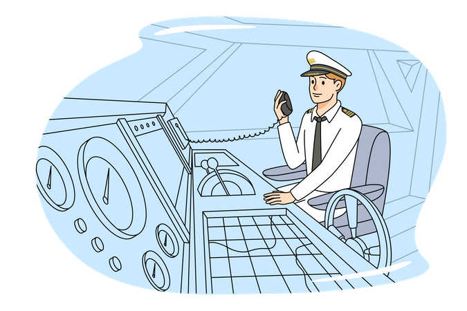 Piloto de barco comunicándose mediante intercomunicador  Ilustración