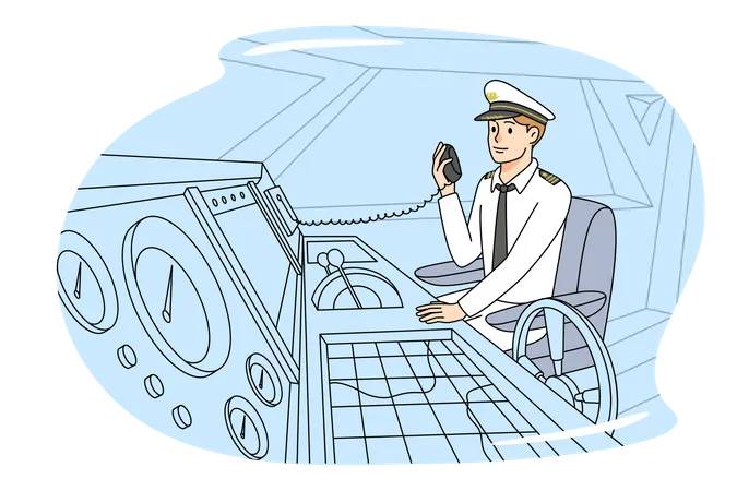 Piloto de barco comunicándose mediante intercomunicador  Ilustración