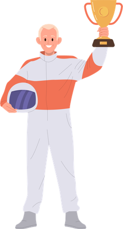 Piloto de carreras de velocidad en uniforme con casco y copa de trofeo  Ilustración