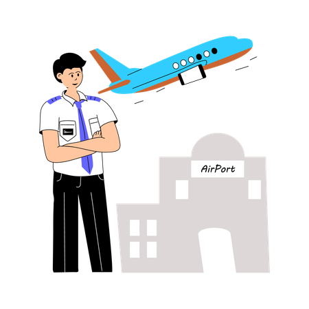 Piloto masculino olhando avião  Ilustração