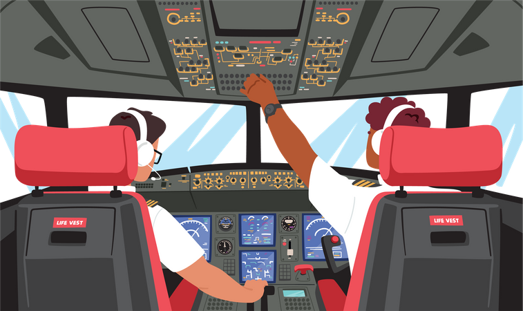 Pilotos controlando el vuelo en cabina.  Ilustración