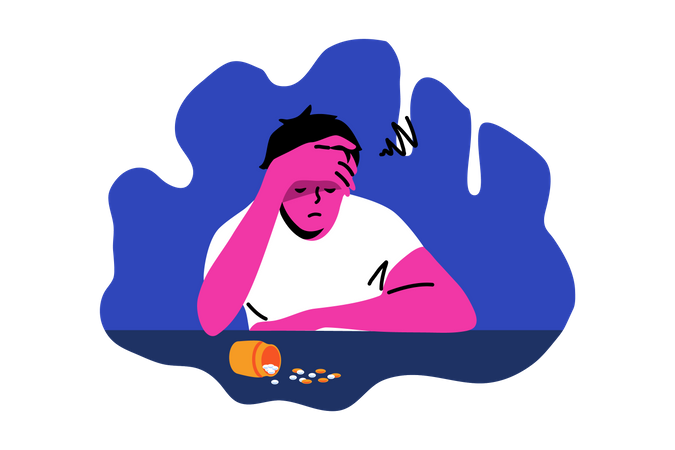 Homem comendo pílulas antidepressivas  Ilustração