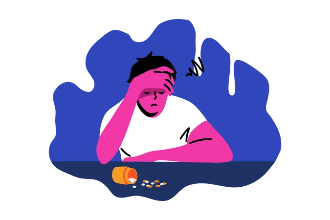 Homem comendo pílulas antidepressivas  Ilustração