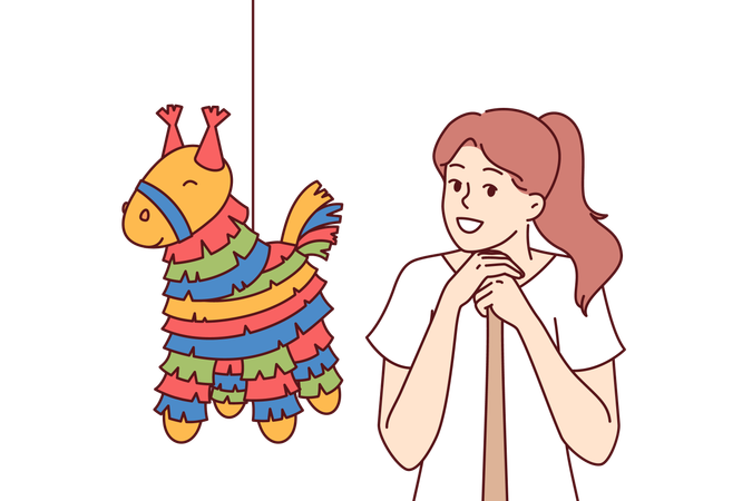 Pinata com doces perto de garota com morcego se preparando para quebrar brinquedo em forma de cavalo para festas de aniversário  Ilustração