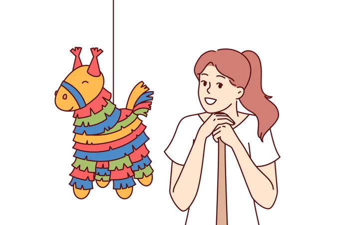 Pinata com doces perto de garota com morcego se preparando para quebrar brinquedo em forma de cavalo para festas de aniversário  Ilustração