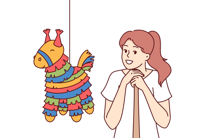Piñata con dulces cerca de una niña con murciélago preparándose para aplastar un juguete con forma de caballo para fiestas de cumpleaños  Ilustración
