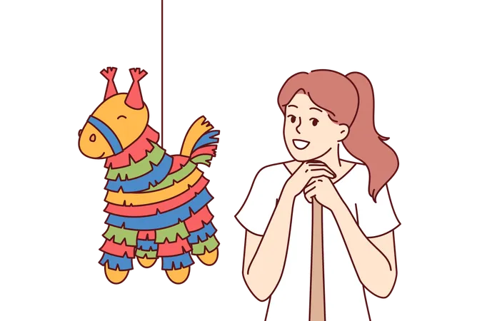 Piñata con dulces cerca de una niña con murciélago preparándose para aplastar un juguete con forma de caballo para fiestas de cumpleaños  Ilustración
