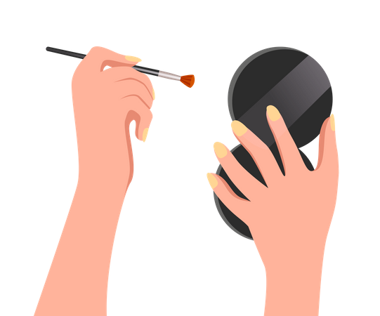 Mão feminina segura pincel de maquiagem e espelho  Ilustração