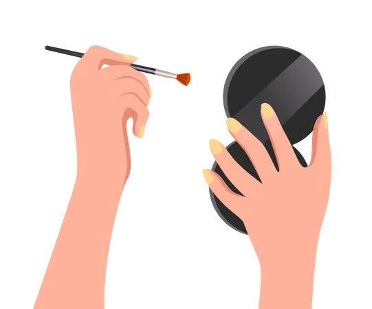 Mão feminina segura pincel de maquiagem e espelho  Ilustração
