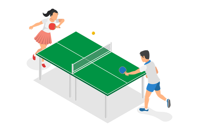 Cute Kids Playing Table Tennis Sports with Racket and Ball of Ping