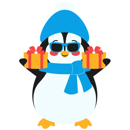 Pingouin avec des lunettes tenant une boîte cadeau  Illustration