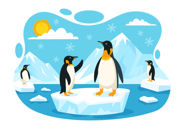 Pingouin debout sur différents icebergs qui se parlent  Illustration