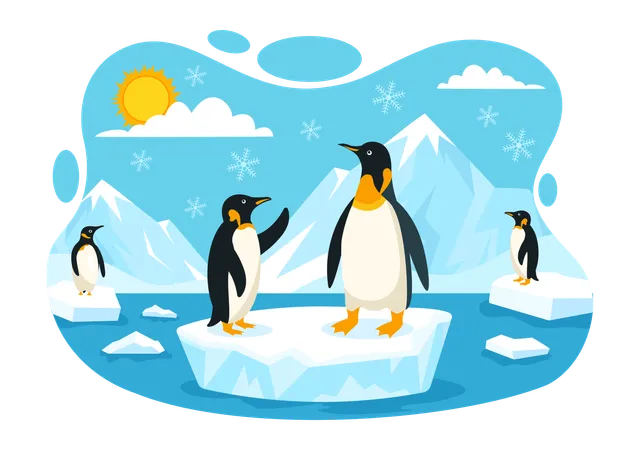 Pingouin debout sur différents icebergs qui se parlent  Illustration