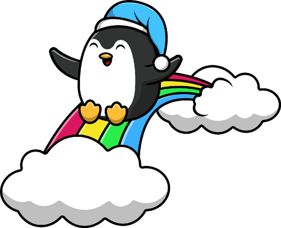 Pingouin portant une casquette glissant sur un arc-en-ciel  Illustration