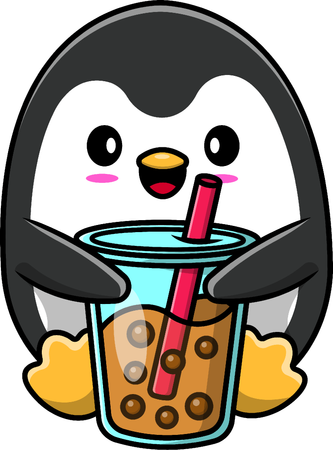 Pinguim bebendo chá com leite de boba  Ilustração