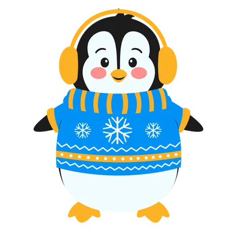 Pinguim de suéter com fones de ouvido  Ilustração