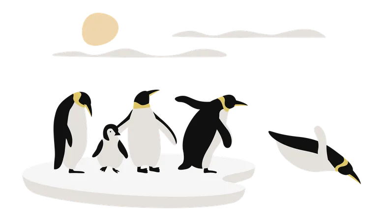 Pinguim e amigos estão em um grande bloco de gelo  Ilustração