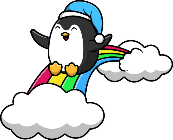 Pinguim usando boné deslizando no arco-íris  Ilustração