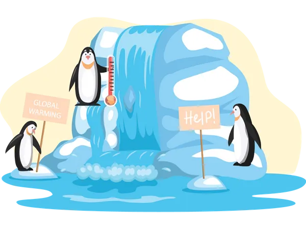 Pinguine halten Hilfetafel wegen der globalen Erwärmung  Illustration