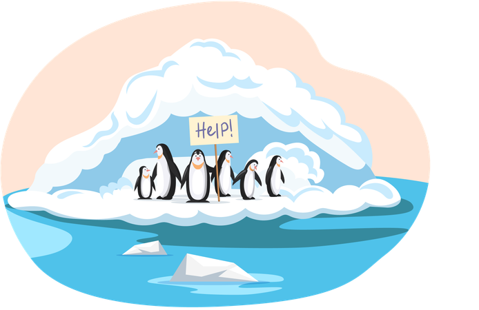 Pinguingruppe auf Eisscholle braucht Hilfe bei der globalen Erwärmung  Illustration