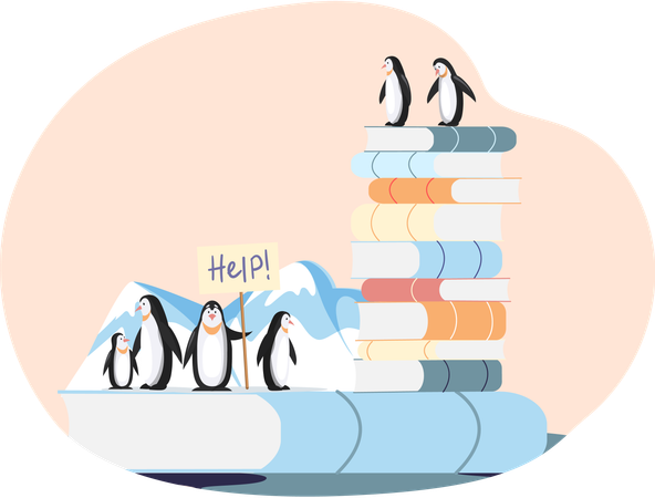 Pinguingruppe auf Eisscholle braucht Hilfe bei der globalen Erwärmung  Illustration
