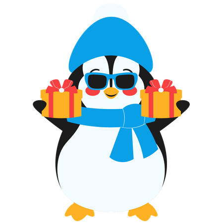 Pingüino Con Gafas Con Caja De Regalo  Ilustración