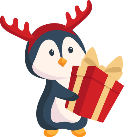 Pingüino con regalo de navidad  Ilustración