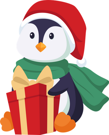 Pingüino con regalo de navidad  Ilustración