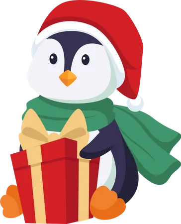 Pingüino con regalo de navidad  Ilustración