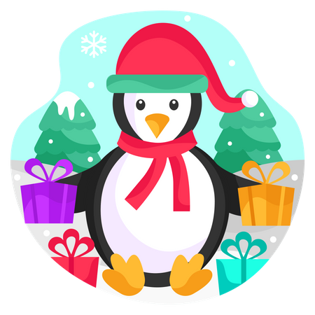 Pingüino con regalos de Navidad  Ilustración