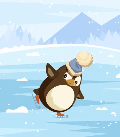 Pista de hielo de patinaje artístico de pingüinos en invierno  Ilustración