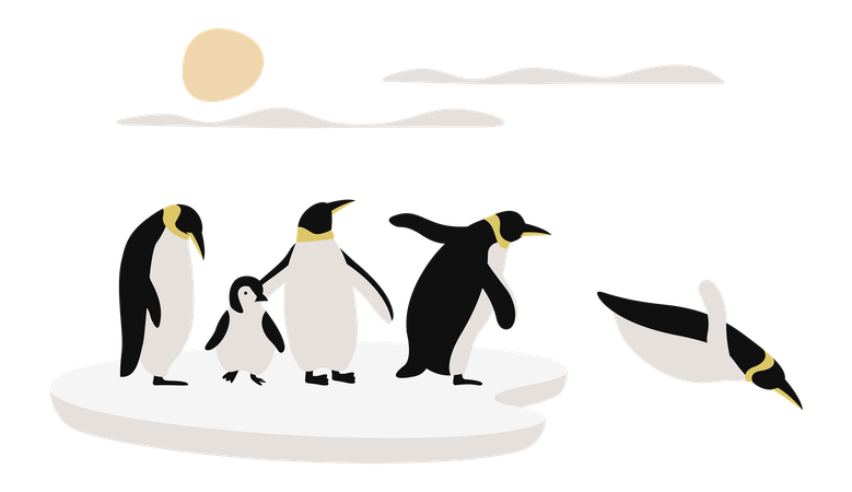 Pingüino y amigos se encuentran sobre un gran témpano de hielo  Ilustración