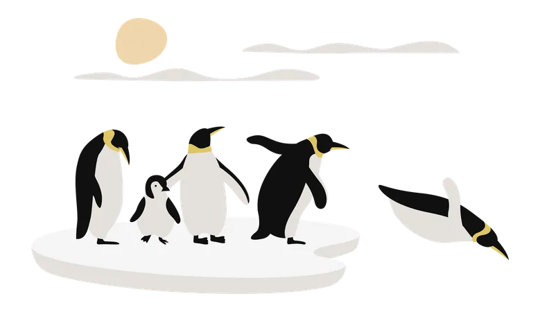 Pingüino y amigos se encuentran sobre un gran témpano de hielo  Ilustración