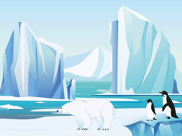 Pingüino y oso polar en la Antártida  Ilustración