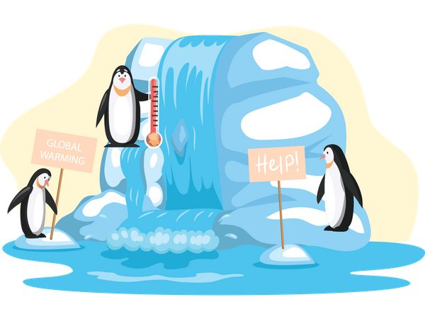 Pinguins segurando quadro de ajuda devido ao aquecimento global  Ilustração