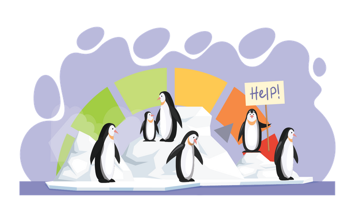 Pinguins sofrendo de alta temperatura  Ilustração