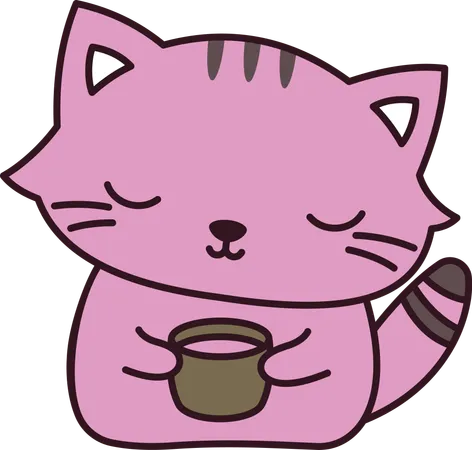 Pink Cute Cat Kitten Animal Character with Happy Expression Holding Glass  Illustration