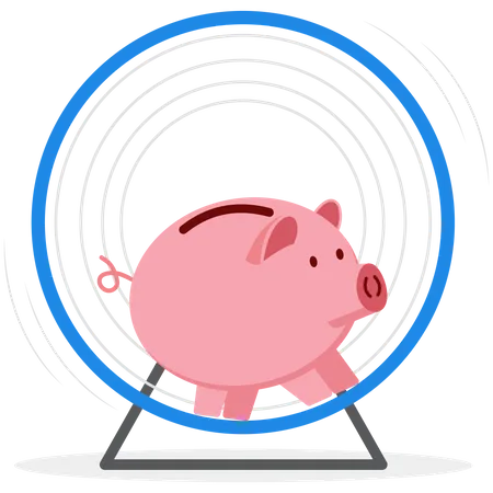 Pink Piggy Bank Running Around In A Hamster Wheel Modern Vector Illustration In Flat Style Illustration