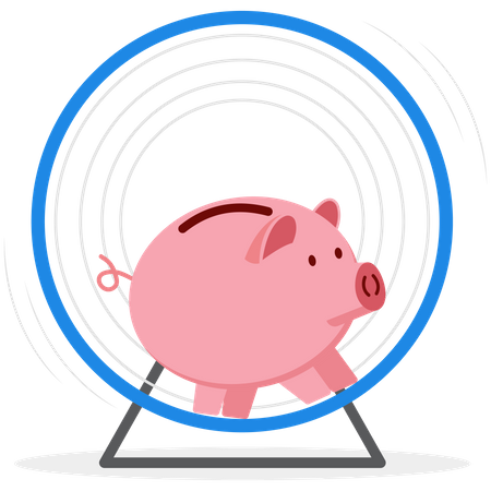 Pink piggy bank running around in  hamster wheel  Illustration