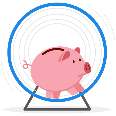 Pink piggy bank running around in  hamster wheel  Illustration