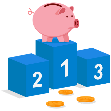 Pink piggy bank standing on first podium  Illustration